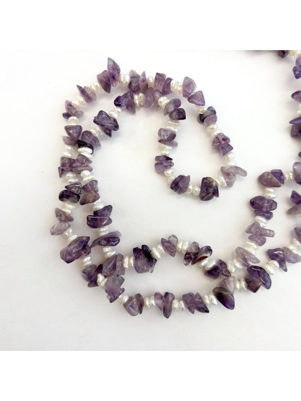 Natural Amethyst & Rice Pearl Gemstone Chip Beaded Chip Vintage Necklace - 35"